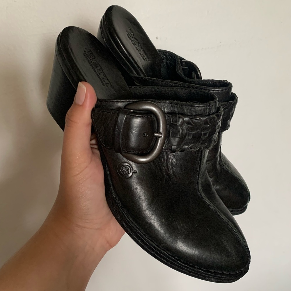 Born Black Leather Woven Strap Mules